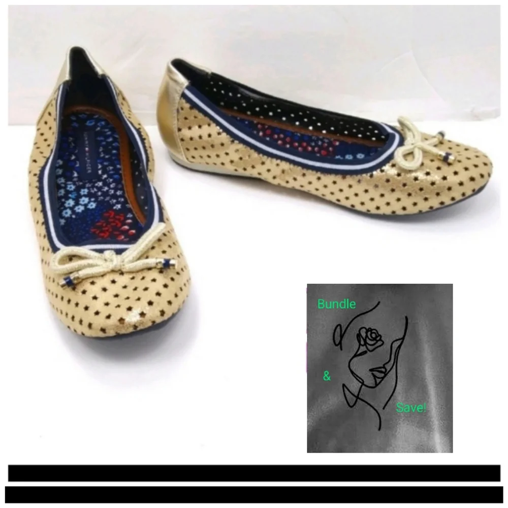 TOMMY HILFIGER Girl's Perforated Gold Stars Faux Leather Navy Ballet Flats EUC